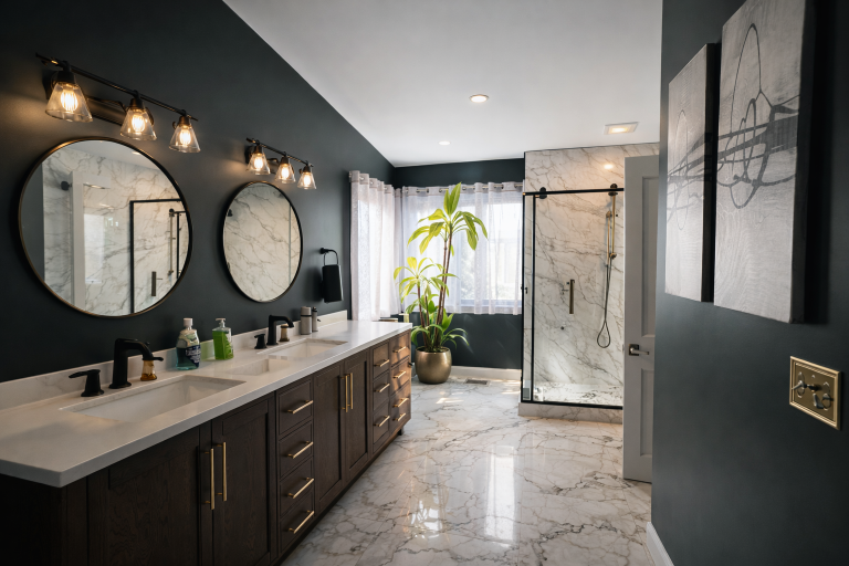 Luxury kitchen with marble herringbone backsplash